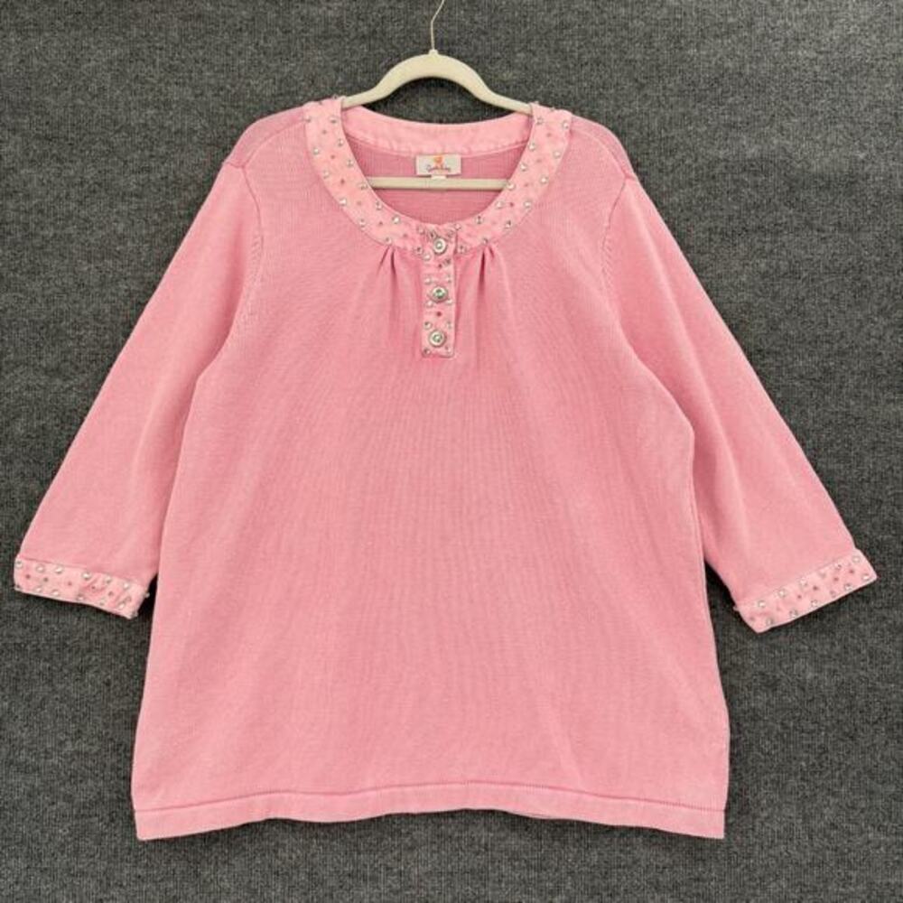 Vintage Quacker Factory Sweater Womens 1X Pink Embellished Jeweled Henley Tunic